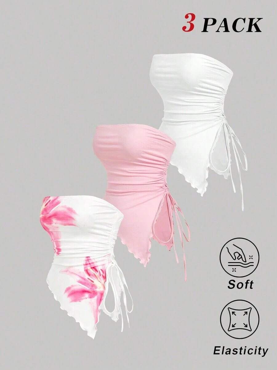 Top bustier de múltiples piezas con pliegues en la cintura atados a los lados, top tubo con estampado retro, top de otoño, top para salir, top de tirantes marrón - Multicolor 11 - Ver 1
