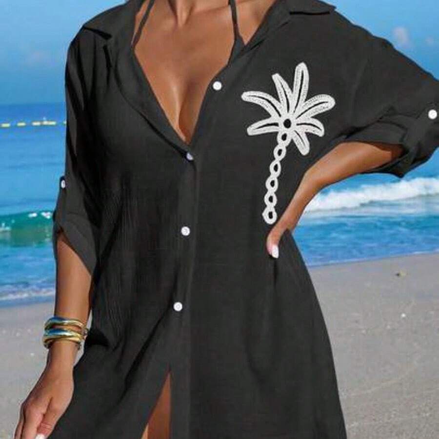 Swim Vcay Women's White Coconut Tree Button Casual Vacation Beach Kimono Cover Up - Negro - Ver 1