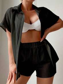 Swim Basics Conjunto casual de camisa tipo kimono y pantalones cortos de unicolor para mujer - Negro - Ver 3