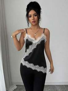 Camiseta de mujer elegante con parches de encaje y lunares - Negro - Ver 5