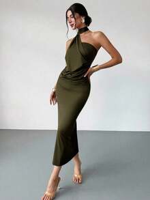 Vestido suelto con mangas acampanadas asimétricas de color marrón moca para mujer, vestido largo de moda, ropa de primavera/verano, adecuado para ir al trabajo, elegante, sexy, vacaciones, playa, estilo bohemio, Hawái, festivales de música, fiestas, atuendo de trabajo - Verde militar - Ver 8