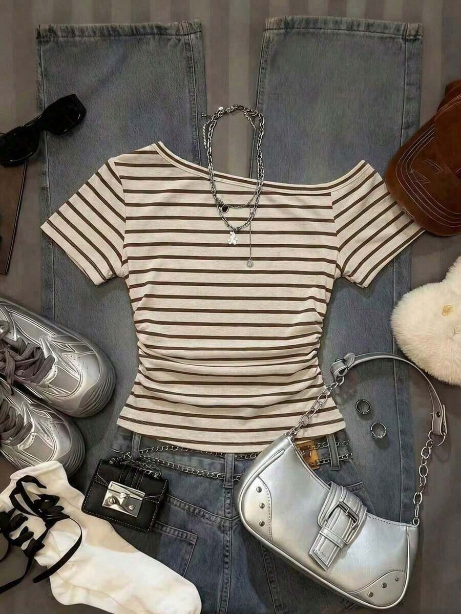 Camiseta casual de mujer con cuello asimétrico, estampado floral y de tigre, para verano - Blanco 2 - Ver 1