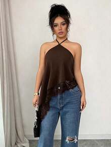 Nuevo top de verano para mujer, camiseta sin mangas negra, con cuello halter y lazo, bajo asimétrico con adorno de encaje, camiseta sin mangas sexy y lujosa con decoración de encaje en la espalda descubierta, blusa sin mangas sexy, adecuada para fiestas, cócteles, ocasiones formales y casual business, atuendo de playa para mujer - Marrón - Ver 6