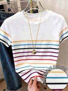 Camiseta de mujer de manga corta con cuello redondo, casual y versátil, a rayas - Multicolor 6 - Ver 5