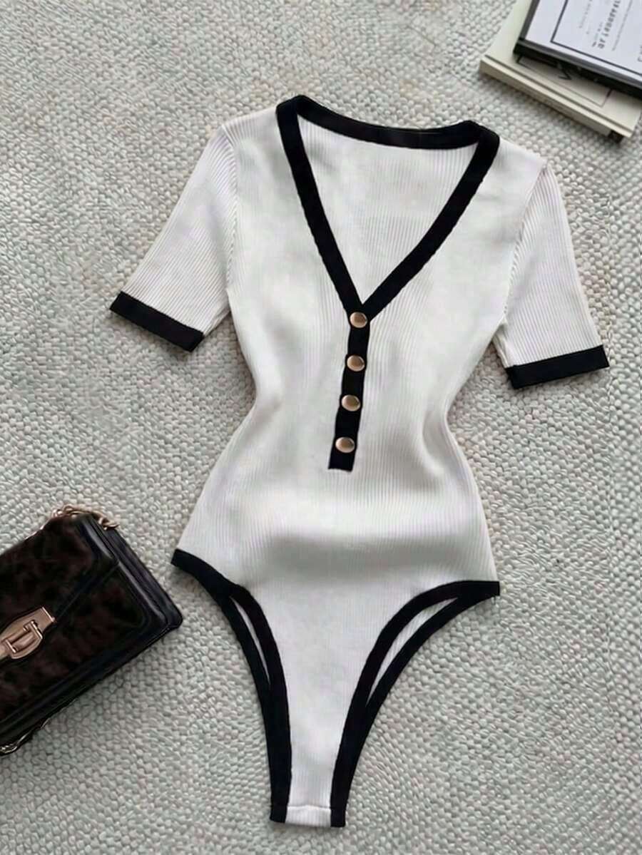 Body de mujer casual con ribete de color contrastante, verano - Blanco - Ver 1