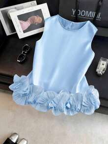 Blusa sin mangas de satén con doble capa y volantes, elegante, adecuada para salidas y citas de primavera/verano - Azul - Ver 7