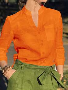 Camisa de mujer de unicolor con cuello en V y botones - Blusa casual y elegante de manga larga con detalle de bolsillo, adecuada para vacaciones, viajes y uso diario, artículo esencial para todas las estaciones, Primavera Blanco - Naranja - Ver 12