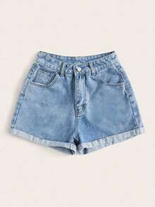 Shorts vaqueros de tiro alto enrollados para verano - Lavado ligero - Ver 5