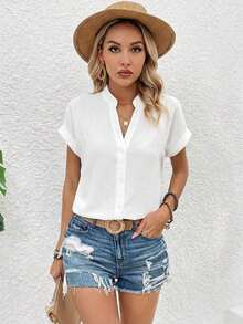 Blusa casual de verano de unicolor con botones delanteros y mangas cortas para uso diario - Blanco 2 - Ver 7