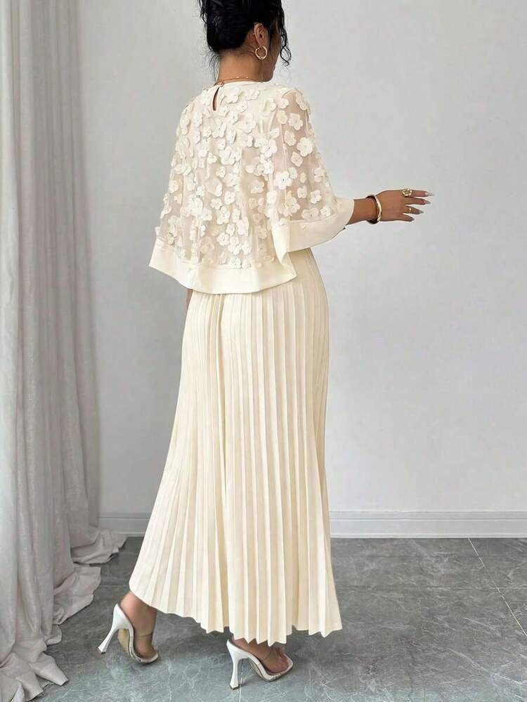 Vestido con decoración floral elegante y bajo plisado, adecuado para bodas, fiestas de cumpleaños y otras ocasiones, otoño - Albaricoque - Añade 2