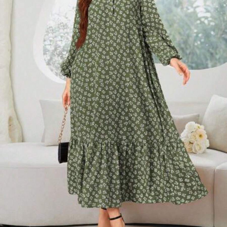Najma Women Spring Casual Vacation Lantern Sleeves Loose Dress With Floral Print, Ruffle Hem And Small Flower Print, Modest - Verde militar - Ver 1