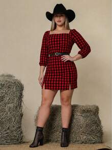 Short Checkered Dress, Mid-Season, 3/4 Sleeve, Plus Size, Stylish, Fashionable For June Festivals, Square Dances, Country Dances, And Cowboys. - 紅與黑 - 查看 5