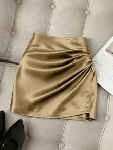 Falda ajustado plisada de cintura alta con dobladillo asimétrico brillante y elegante para mujer, primavera/verano - Caqui - Ver 7