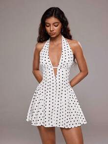 Vestido corto de verano con escote halter y espalda descubierta, con estampado de lunares sexy para mujer - Blanco - Ver 3