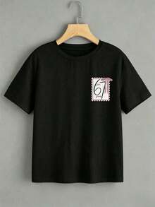 Camiseta de punto de manga corta para mujer, holgada y a la moda, de color negro con cuello redondo, estampado gráfico "Six Seven" y detalle de lazo rosa, adecuada para salidas diarias, viajes y vacaciones. Camisetas gráficas para mujer, top de verano para damas, esencial para el verano. - Negro - Ver 2