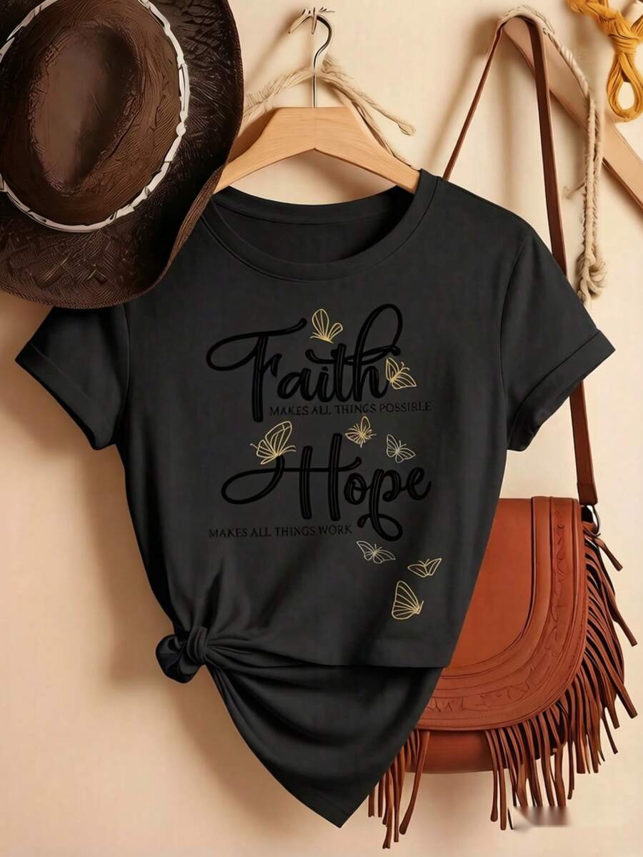 Women's Cotton Faith Hope Graphic Round Neck Short Sleeve T-Shirt - 黑色 - 查看 1