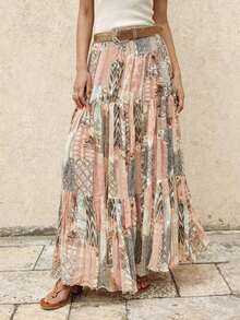 Falda larga de moda para mujer, de tela de gasa con estampado floral, elegante y versátil, sin estiramiento, cintura elástica, cómoda de llevar, con estilo y gracia para el verano - Rosa Pálido - Ver 2