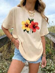 Camiseta casual de manga corta para mujer con estampado, diseño holgado de algodón puro, transpirable y absorbente de sudor, adecuada para un look diario casual, para ir al trabajo y para vestir en la calle. - Beis - Ver 1