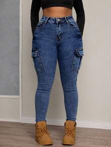 Pantalones de mezclilla skinny cargo lavado, elásticos, con múltiples bolsillos, efecto levantador de glúteos, control abdominal y puños ajustados - Azul - Ver 2