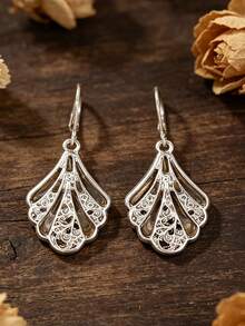 1 Coppia di orecchini retrò a forma di ventaglio con conchiglia, orecchini eleganti dallo stile del palazzo francese con effetto iridescente - Argento - Visualizzare 5