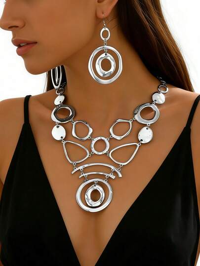 2 st/set damer europeiska och amerikanska minimalistiska glansiga silverpläterade asymmetriska geometriska metallsmyckesset, överdrivet ihåligt halsband + örhängen, elegant accessoarset för pendling, fest, kväll