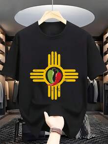 Men's And Women's T-Shirt With The Zia Symbol Of New Mexico, Featuring A Red And Green Chili Pepper Design - Soft, Breathable, Lightweight, Crew Neck, Short Sleeve, All-Season Casual Wear, Timeless Southwest-Style Cultural Clothing, Casual Pattern Print T-Shirt, Gift. - 黑色 - 查看 1