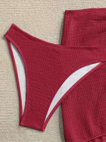 Conjunto de 3 piezas bikini bandeau con textura y adorno de estrella de mar para mujer, perfecto para el verano - Rojo - Ver 4