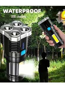 1 PC Strong Light 4LED Flashlight With COB Side Lights, 4 Modes Of USB Charging, ABS Material, Camping Tools - Black - View 2