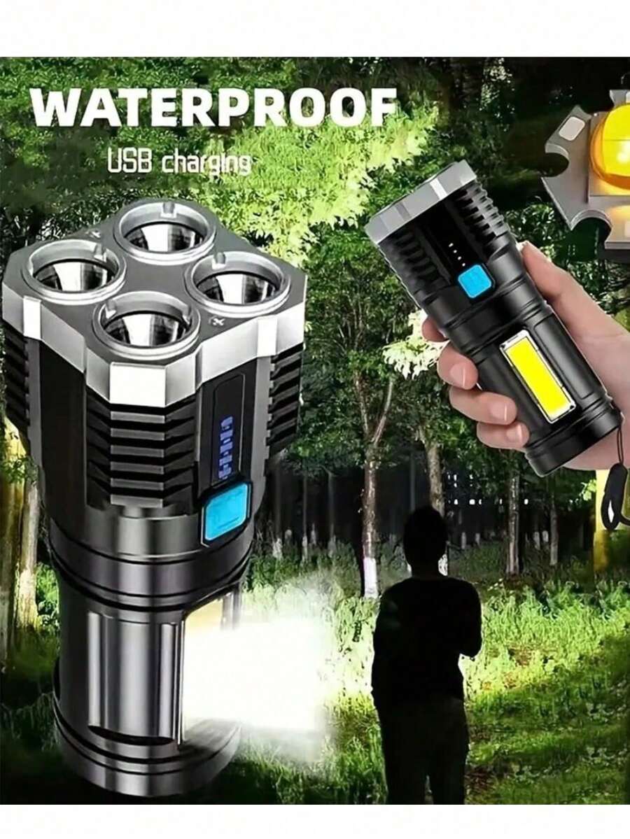 1 PC Strong Light 4LED Flashlight With COB Side Lights, 4 Modes Of USB Charging, ABS Material, Camping Tools
