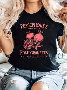 100% Cotton T-Shirts For Women, "Persephon's Pomegranates" T-Shirt, Printed Cotton Summer T-Shirt, Soft Short Sleeve Top For Women, Modern And Comfortable Graphic T-Shirt - 黑色 - 查看 7