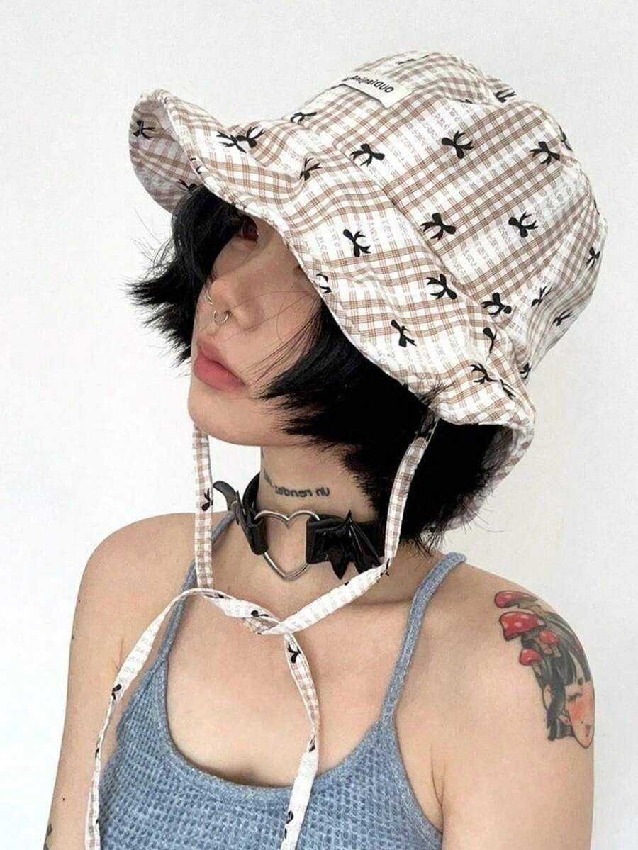 Women's Gingham & Bow Print Bucket Hat, Casual Sun Protection Hat With Chin Strap, Breathable Summer Bucket Hat For Outdoor Travel