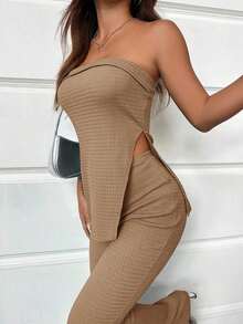 Conjunto de top bandeau y falda larga con abertura alta en color verde sólido para mujer - Caqui - Ver 7