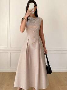 Vestido elegante sin mangas con decoración de sol de metal con estampado de lunares para mujer - Albaricoque - Ver 8