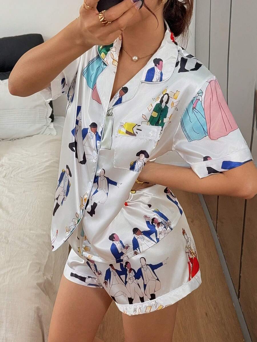 Dreamivo 2pcs Hamilton Musical Print Pajama Set, Holiday Sleepwear Party Outfit, Comfortable Casual Loungewear For Women - White - View 1