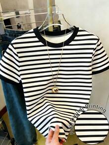 Camiseta de mujer de manga corta con cuello redondo y diseño minimalista a rayas - Multicolor 2 - Ver 1