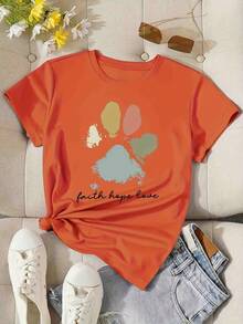 1 pieza009 [Nueva camiseta de manga corta con estampado de huella de perro, versátil, elegante, rejuvenecedora para mujer, verano] 180g 100% Algodón - Negro - Ver 8