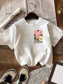 Short Sleeves Front And Back, Floral Print, Women's Casual T-Shirt With Lily Print, Short Sleeves, Round Neck, Suitable For Summer And Spring. - White - View 3