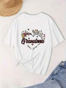Women's Clothing, Grandma Floral Print Oversized Round Neck Fashion T-Shirt, Women's Shirts - 白色 - 查看 6