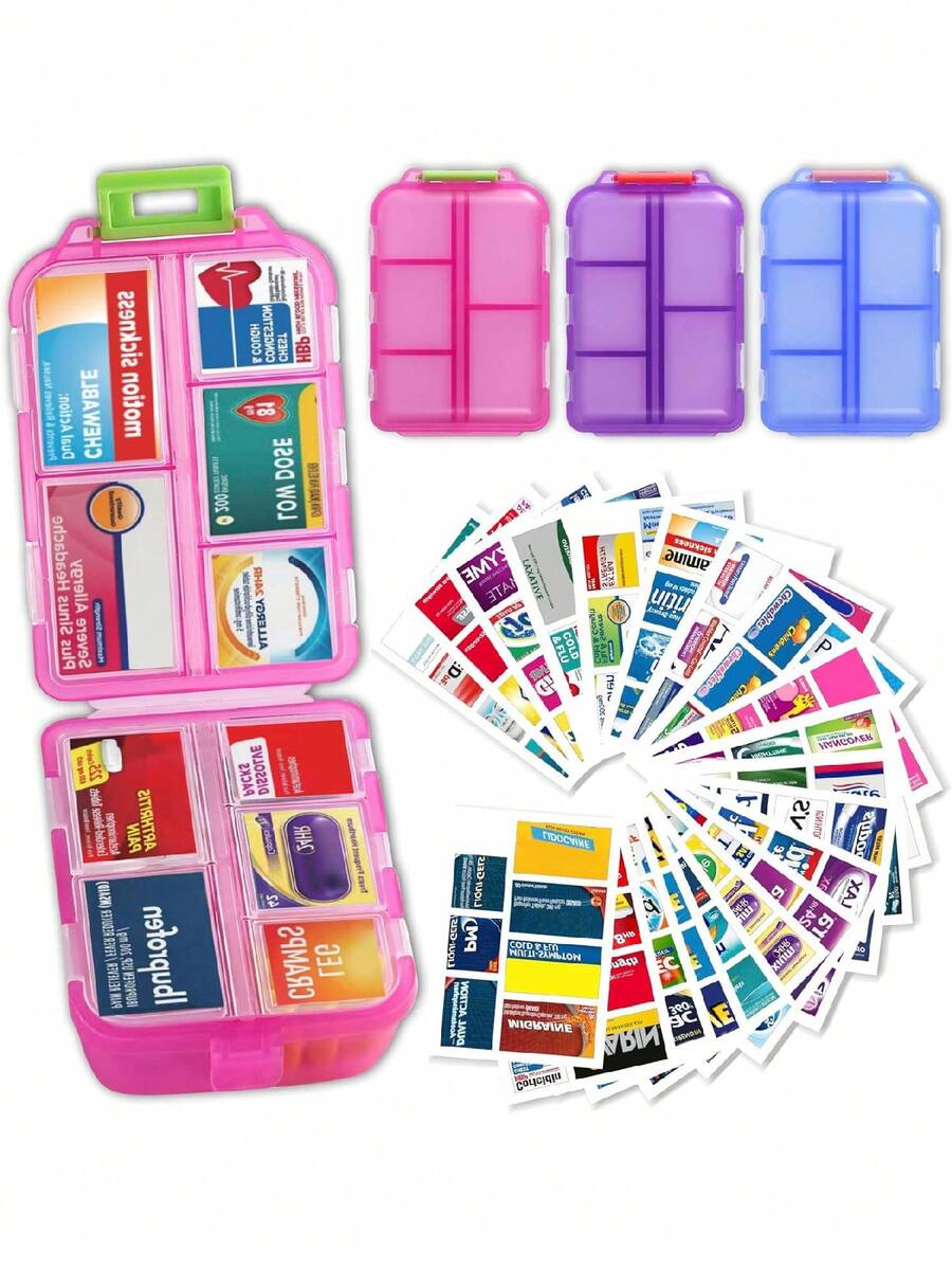 Tragbarer 7-Tage-Pillenorganizer mit 300 Medikamentenetiketten, Mini-Reise-Täglicher Pillenkasten, Medikamentenlagerbox, Pillenorganizer mit Medikamentenetikett, für Reisen, Zuhause - Verschiedenfarbig - Übersicht 1