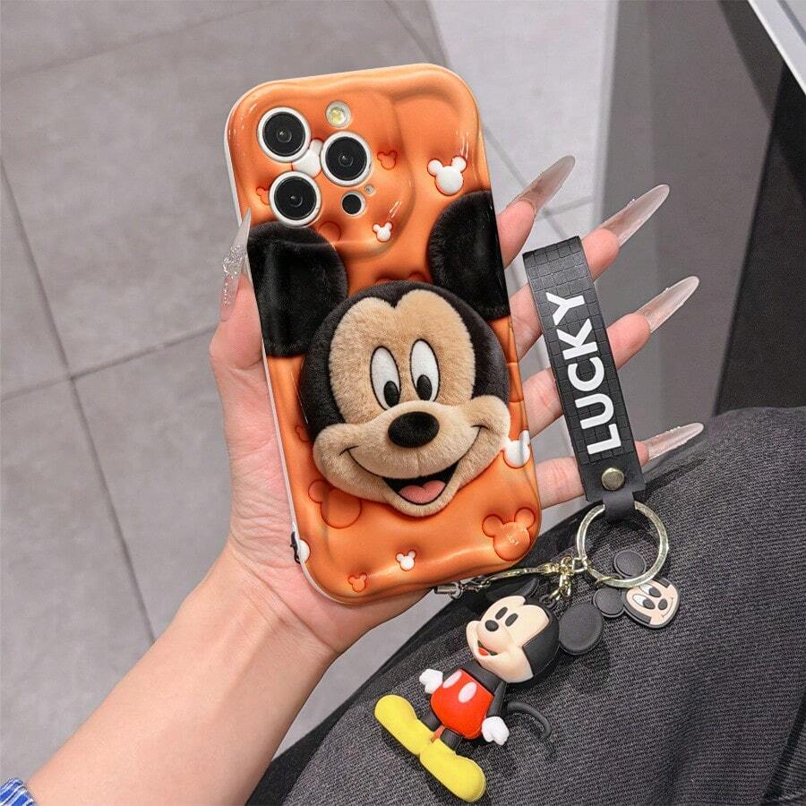 Disney Mickey Mouse Clubhouse Phone Case : 3D Fluffy Pattern Border Protector Phone Soft Phone Case With A Free Cute Mickey Bracelet Chain Lanyard, Mickey, Minnie, Goofy, Donald Duck, Daisy Duck, Pluto, For Apple 17 Promax 17 Pro 16 15 14 13 12 11 Pro Max XS Max X XR Soft Cover Summer Phone Case - 白色 - 查看 1