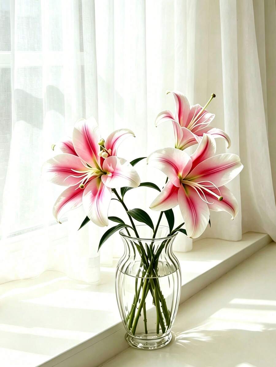 逼真絲綢百合花,栩栩如生的百合植物,適用於婚禮花束、家庭聚會、家居裝飾、酒店、辦公室、花瓶布置和戶外花園裝飾(粉紅色) - 粉色 - 查看 1