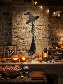 1pc Halloween Witch Broom & Hat Metal Wall Decor, Wall Hanging Ornament, Halloween Party Decor,Halloween Decoration,Trick Or Treat Decor For Halloween, Spooky Halloween Decor, Haunted House Decor, Terrifying Atmosphere Decor, Gothic Home Decor, Party Supplies - Witch Broom - View 7