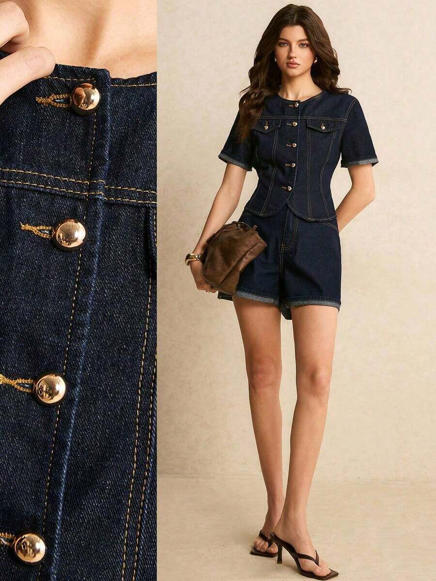 Conjunto de top de manga corta con botones delanteros y shorts vaqueros de estilo casual para mujer - Azul lavado oscuro - Ver 1