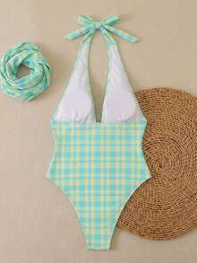 Traje de baño de dos piezas con estampado de lunares, escote asimétrico y espalda descubierta, atuendo de vacaciones en la playa para el verano - amarillo ganso - Ver 2