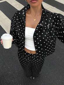 Conjunto de 2 piezas de chaqueta de manga farol con estampado de lunares y pantalones de pierna ancha, para mujer, estilo casual, para primavera/otoño - Blanco y Negro - Ver 6