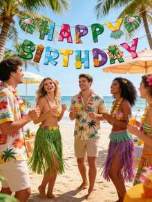 2件組夏威夷生日橫幅，夏威夷生日快樂橫幅，夏威夷火烈鳥棕櫚葉Aloha主題生日橫幅，熱帶夏季度假派對裝飾，生日派對裝飾，適用於夏季海灘慶祝室內/室外派對懸掛裝飾 - 多色 - 查看 4