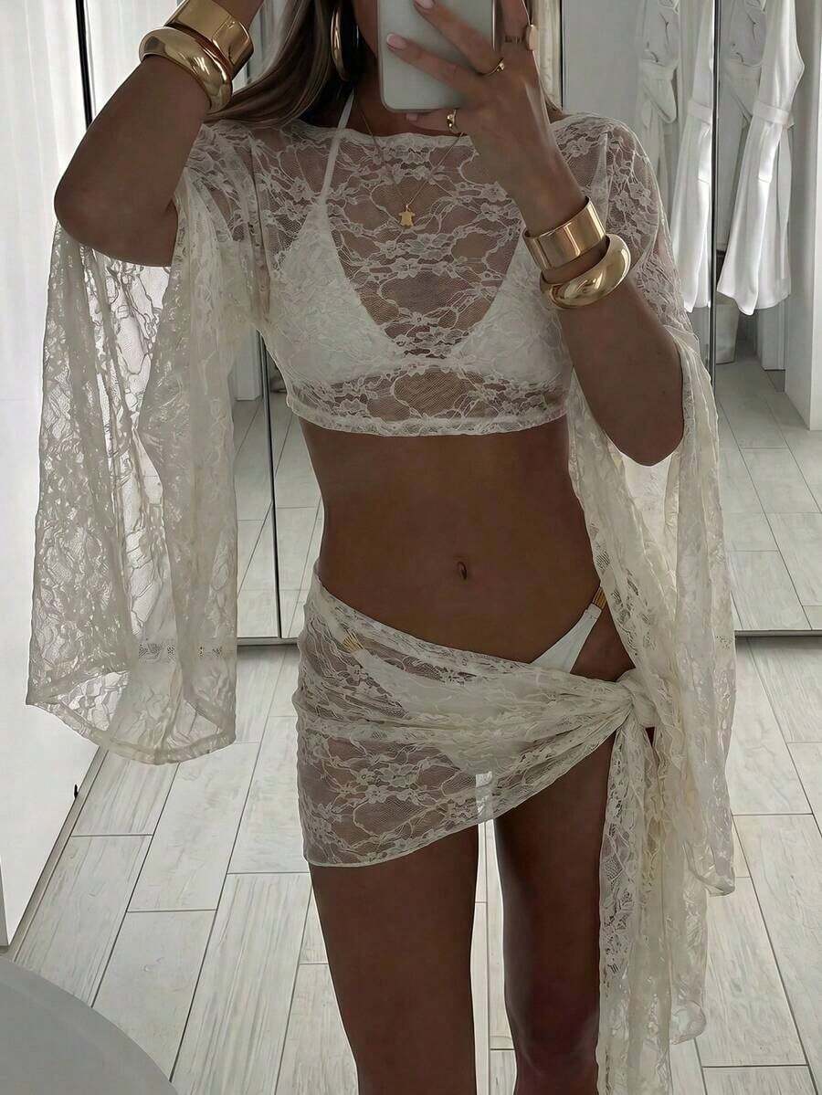 Conjunto de 2 piezas de mujer para primavera/verano con textura de jacquard, blusa tipo chal y minifalda de estilo envolvente, ropa de playa/resort para mujer - Albaricoque 2 - Ver 1