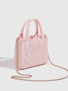 Dedoo Satin Faux Pearl Women's Mini Handbag, Women's Chain Shoulder Bag, Fashion Small Tote Bag, Women's Luxury Designer Fashion Handbag - Pink - View 4