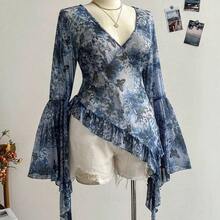 WYWH CURVE Plus Size Women Print Deep V-Neck Flare Sleeve Ruffle Hem Blouse - Multicolor - Ver 9