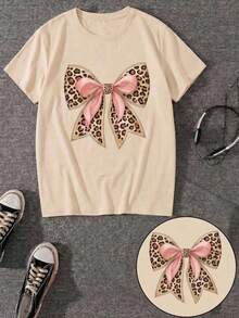 New Short-Sleeved Crew Neck T-Shirt For Women, Spring-Summer Design, Perfectly Combining A Modern And Minimalist Butterfly Knot With English Letter Prints, Breathable And Sweat-Wicking. Direct Shipping From Our Local Warehouse, A Couples' Style, Ideal For Couples To Wear Together. -- Loose, Comfortable, Breathable. - 杏 - 查看 3